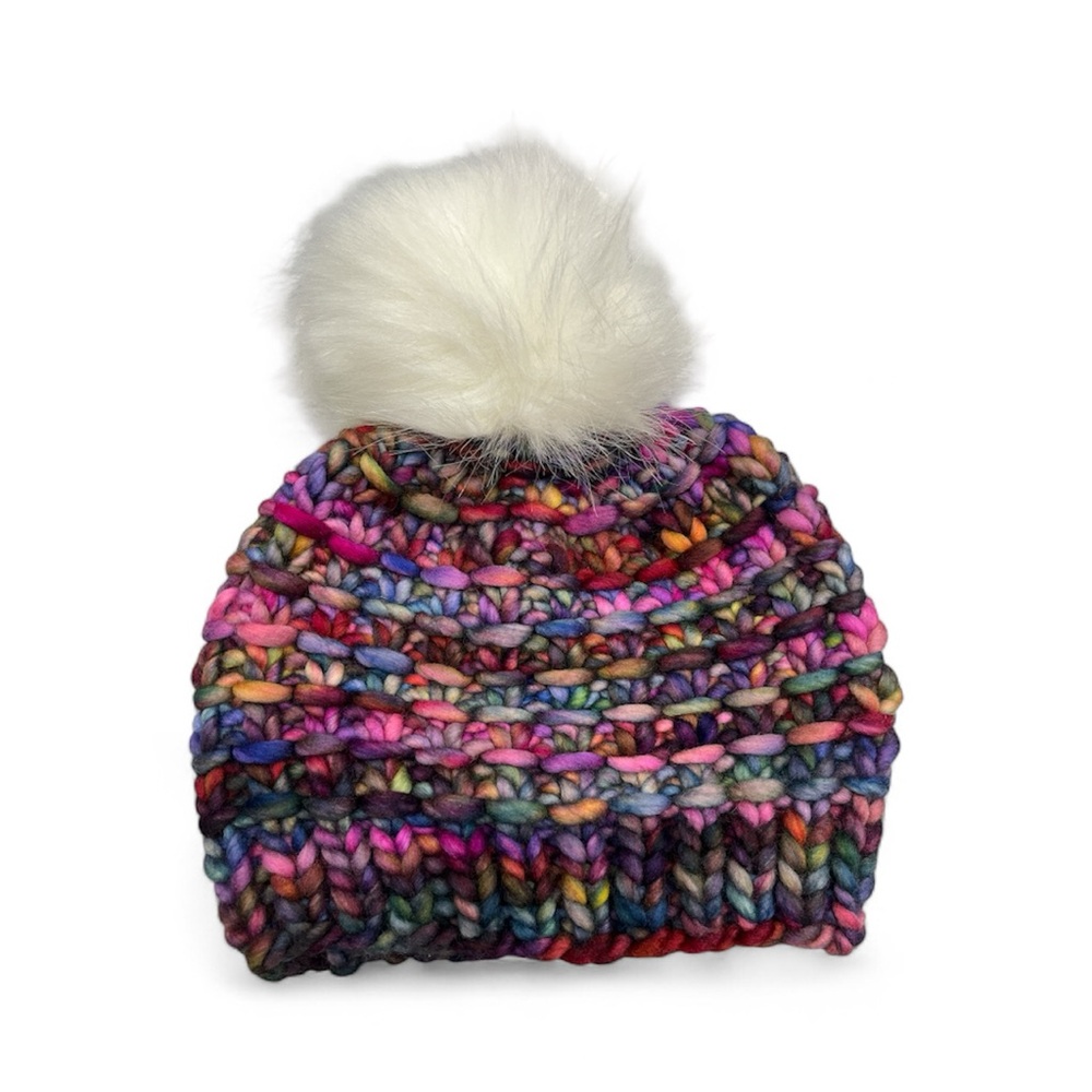 Colorful Knit Pom-Pom Beanie size small Hand crafted merino wool. Warm knit